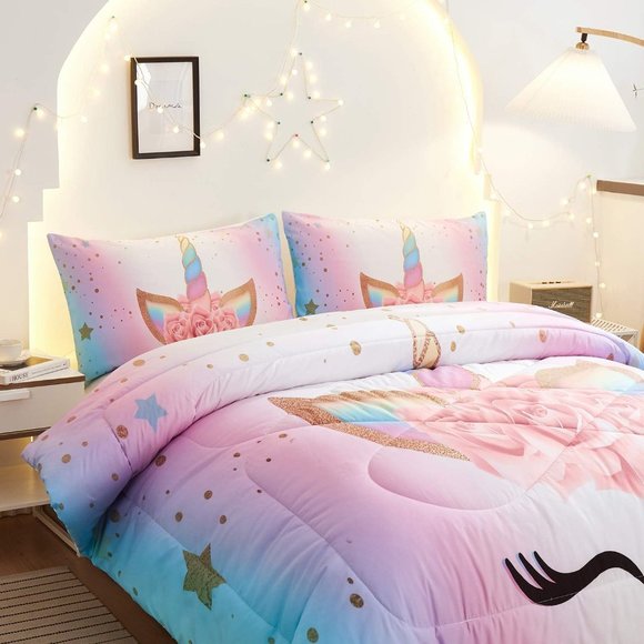 Unicorn Bedding 3 Piece Flower Girl Comforter Sets,Cartoon Unicorn Bedspreads - Picture 5 of 7